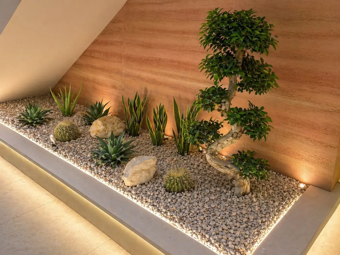 Indoor gravel bed with a sculpted tree and succulents