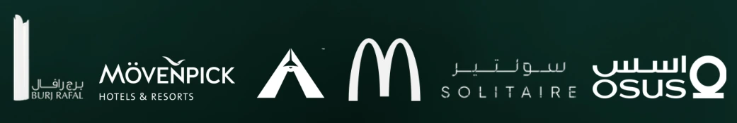 Client logos: Burj Rafal, Mövenpick Hotels and Resorts, McDonald's, Solitaire and Osus