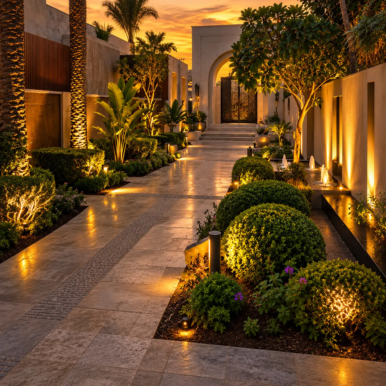 A lit entrance path lined with shrubs at dusk