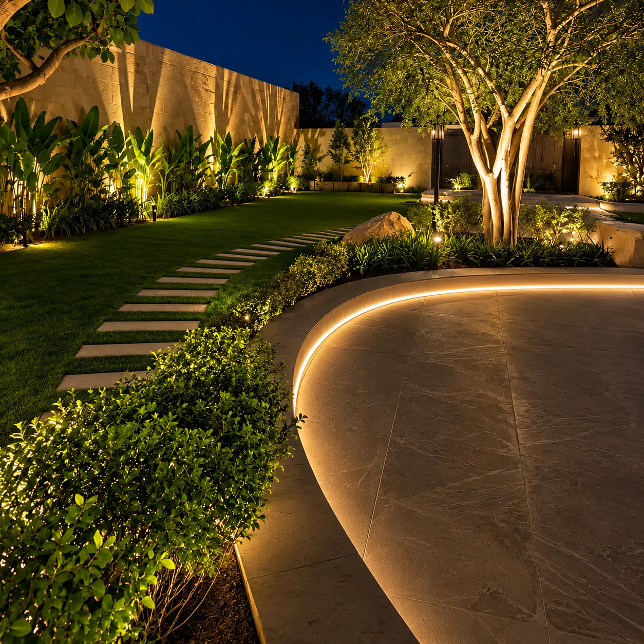 An uplit tree and curved LED edging in a garden at night