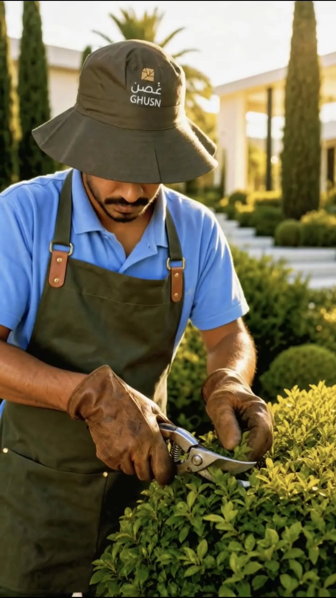 Crew member pruning a shrub