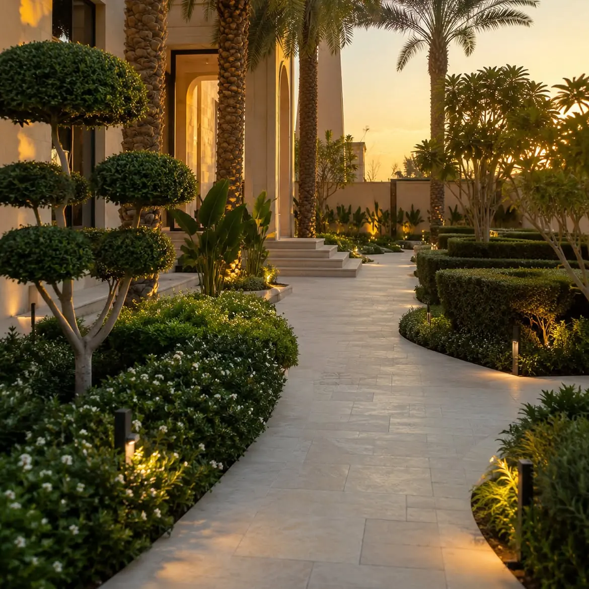 Topiary and palms along a curved garden walk at sunset