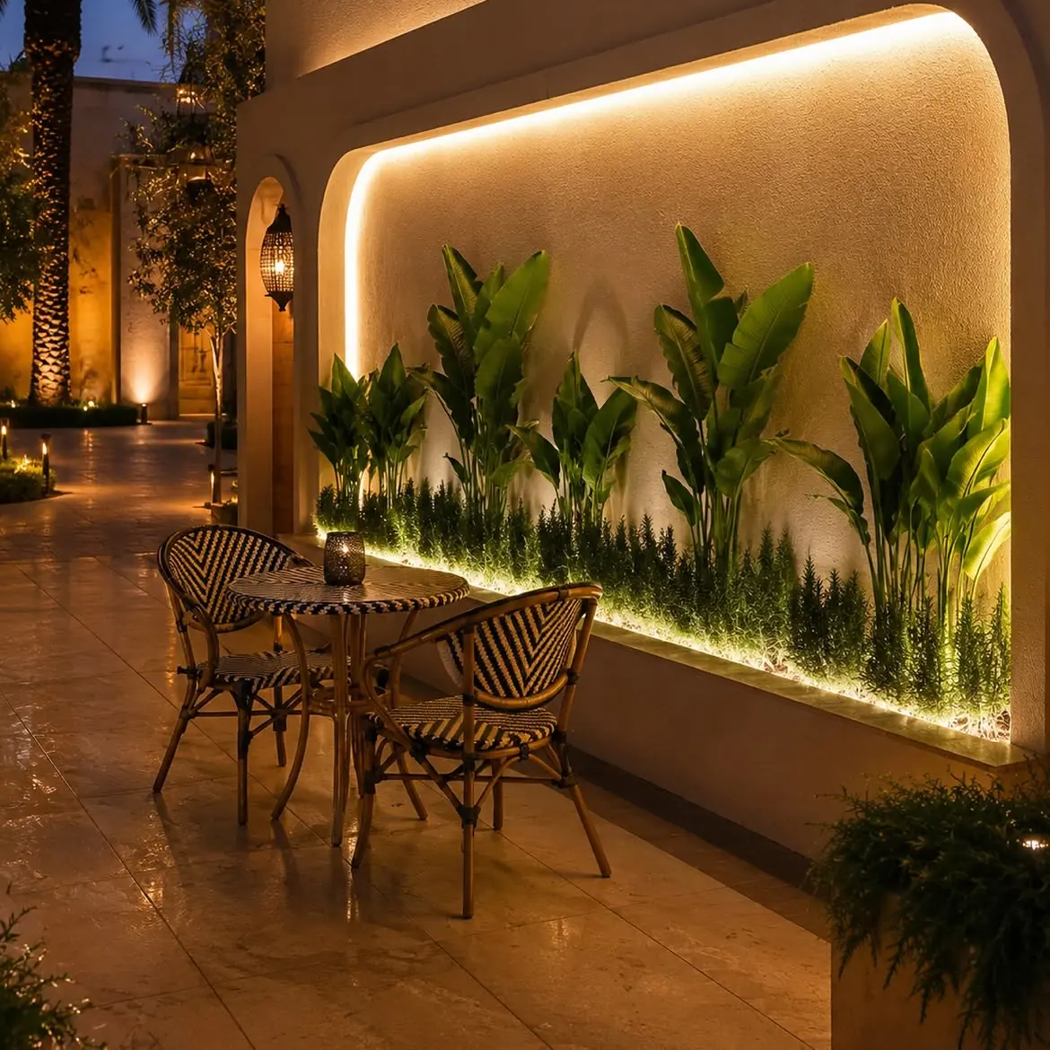 A backlit wall planter behind an outdoor seating area